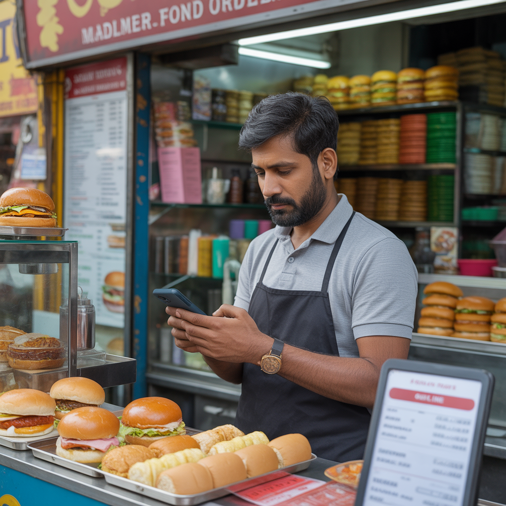 Fast food stall owner taking order on phone