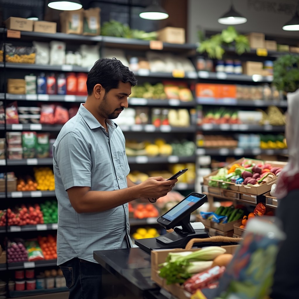 Kirana store owner using billing app at counter